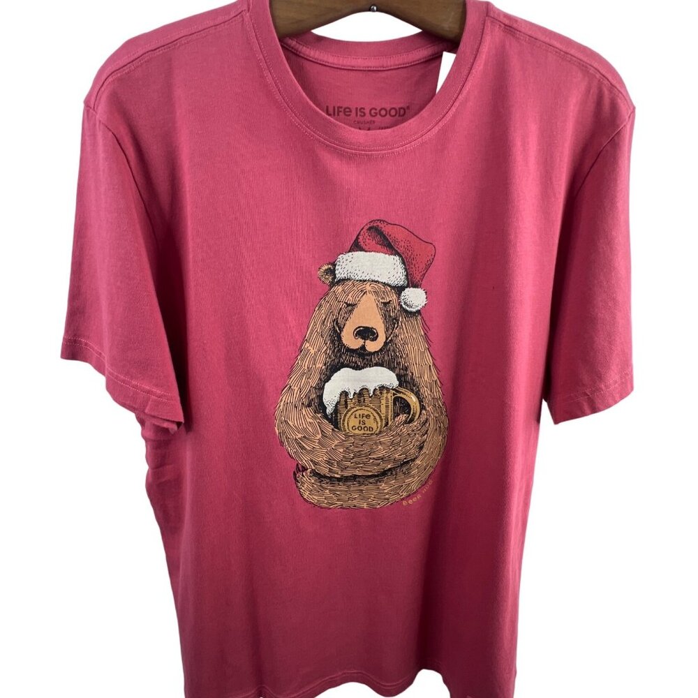 Life is Good Tshirt Size Medium Beer Hug Santa Bear Crusher Tee Red Crewneck NEW